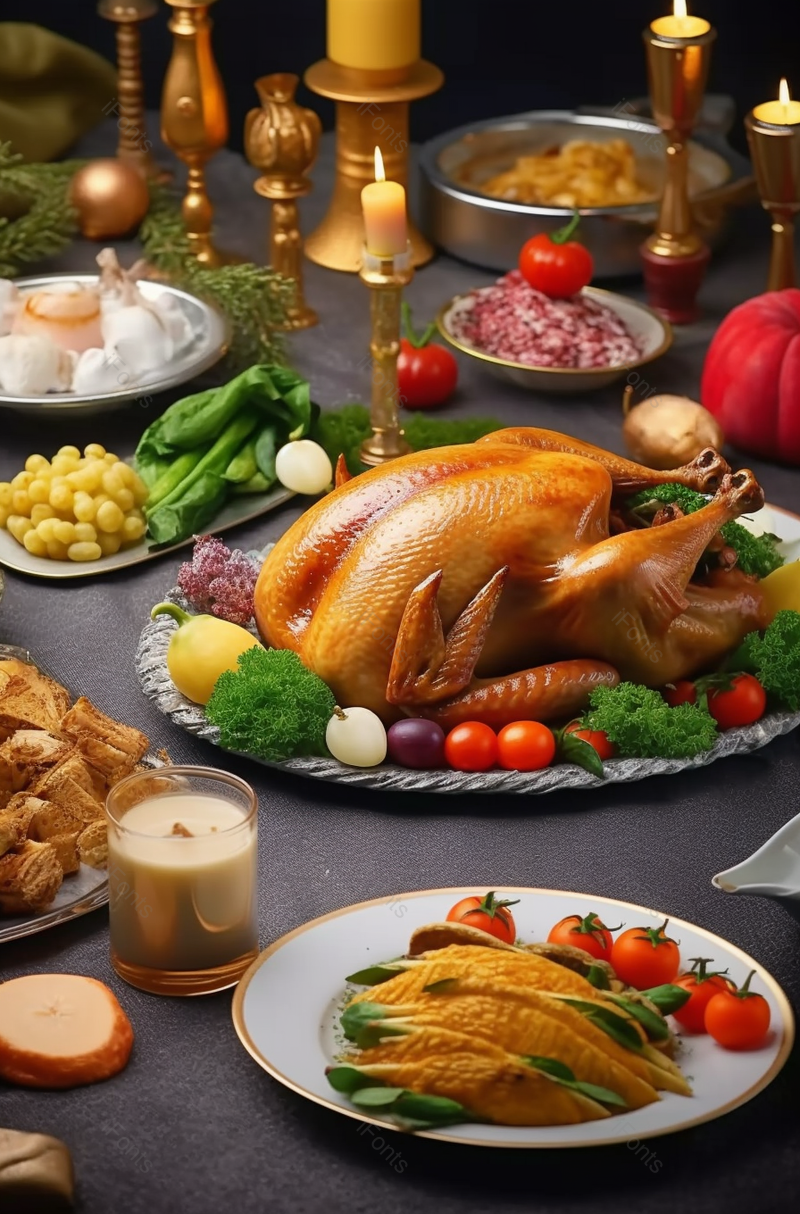 感恩节氛围餐桌上的烤鸡,高清,摄影图,摄影图片,图片大全,摄影图免费下载